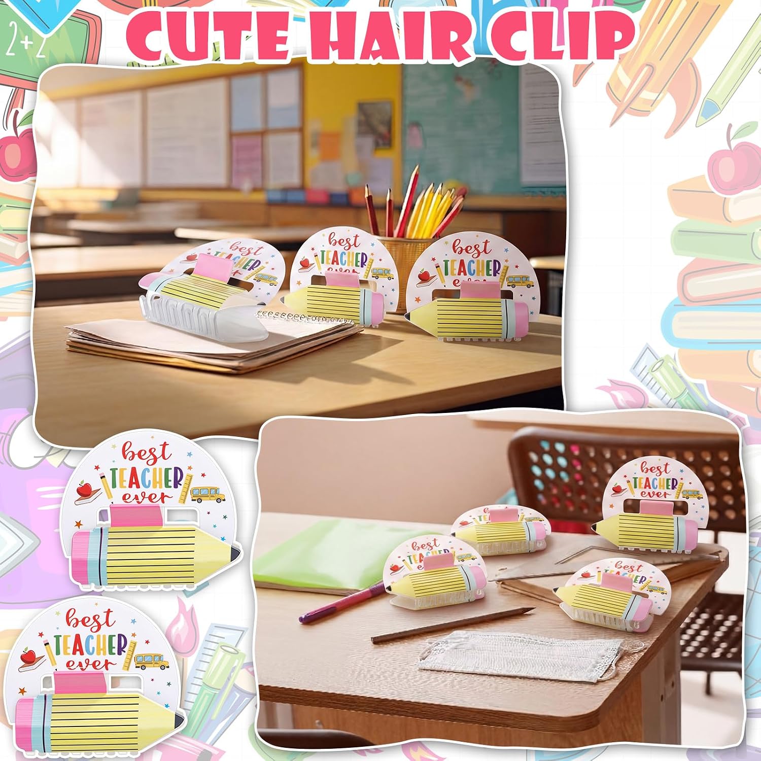 Suncalla 12 Sets Pencil Hair Claw Clips Teacher Appreciation Gifts with Greeting Cards Funny Cute Back to School Claw Barrettes Pencil Hair Accessories for Women Teachers Students