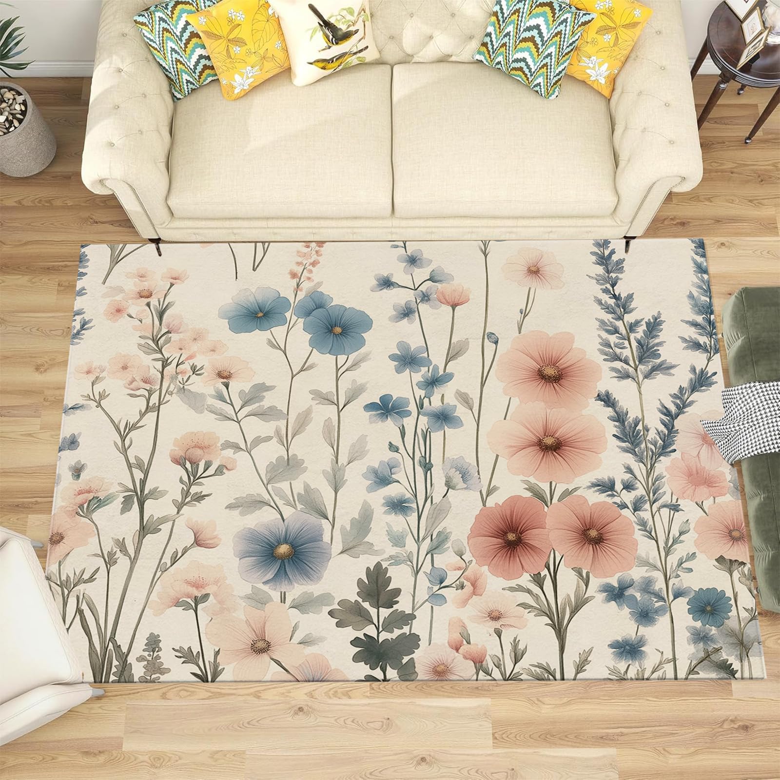 Tapis salon et entrée moderne 90x150cm illustration fleurs botaniques