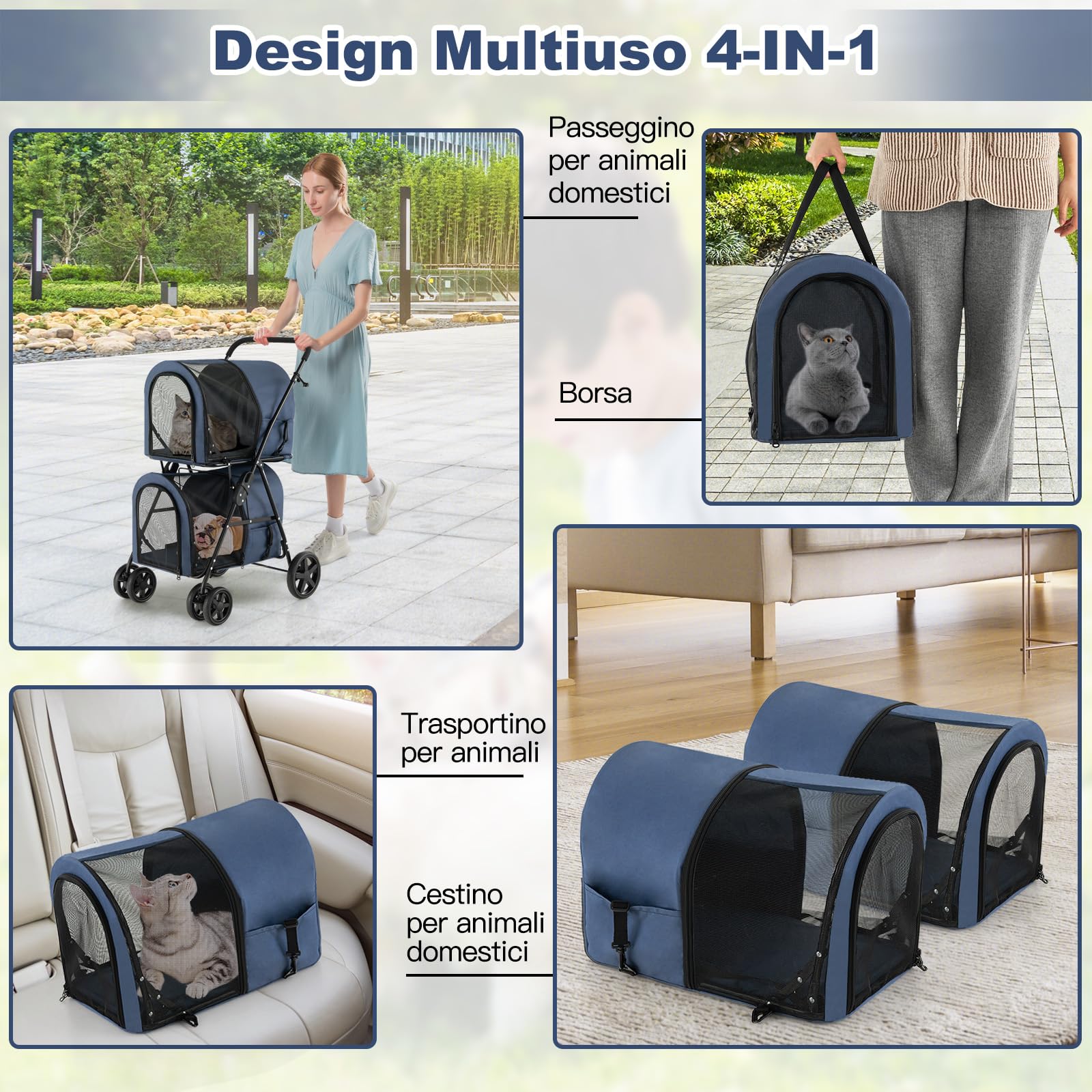 COSTWAY Passeggino per Cani Pieghevole, Carrozzina per Cani Multifunzionale 4 in 1 a Doppio Livello, Passeggino Smontabile con Ruote, Ideale per Passeggiata Viaggio e Shopping (Blu)