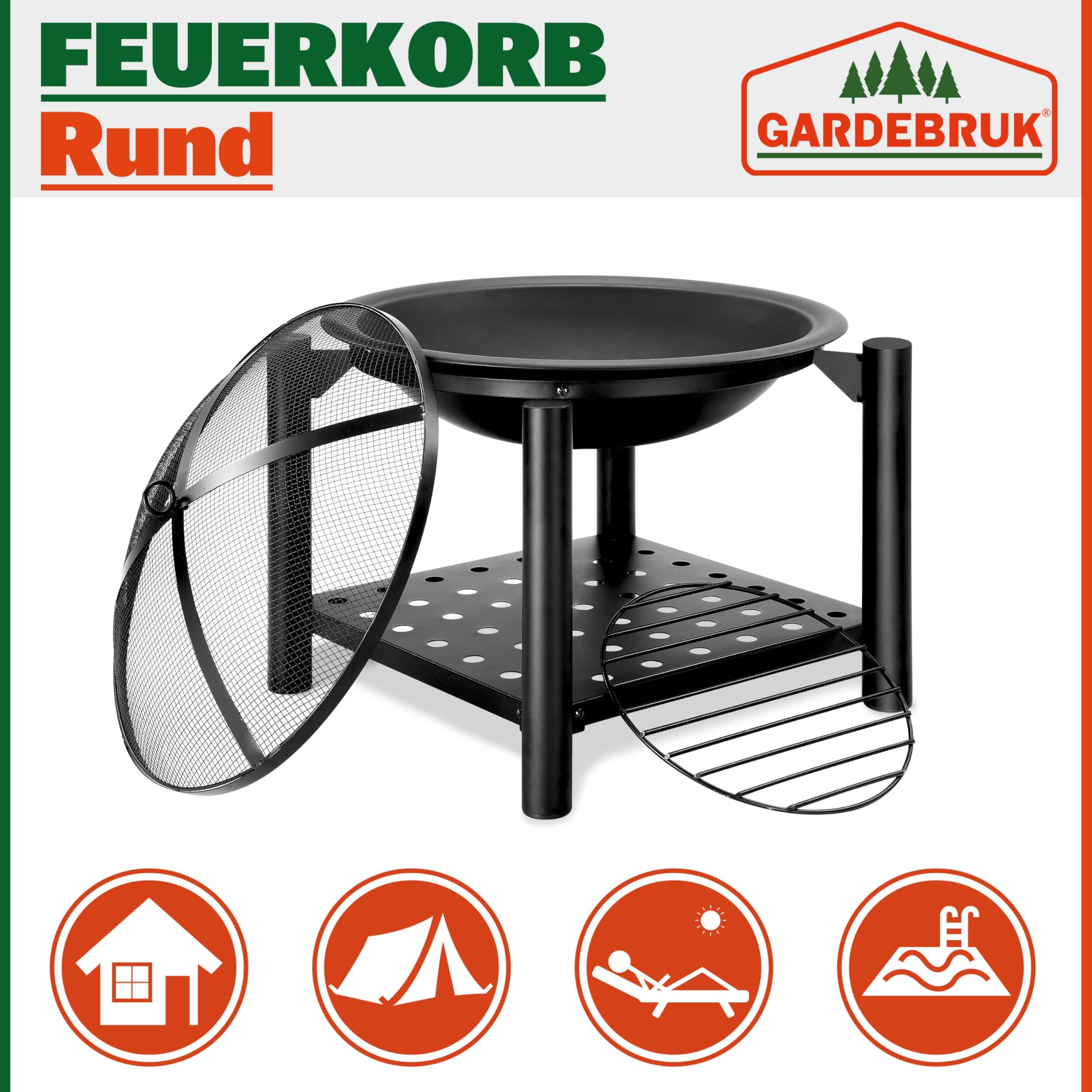 Deuba Braciere Rotondo Ø 55cm Attizzatoio Parascintille Ripiano Portaoggetti Camino Giardino Stufa