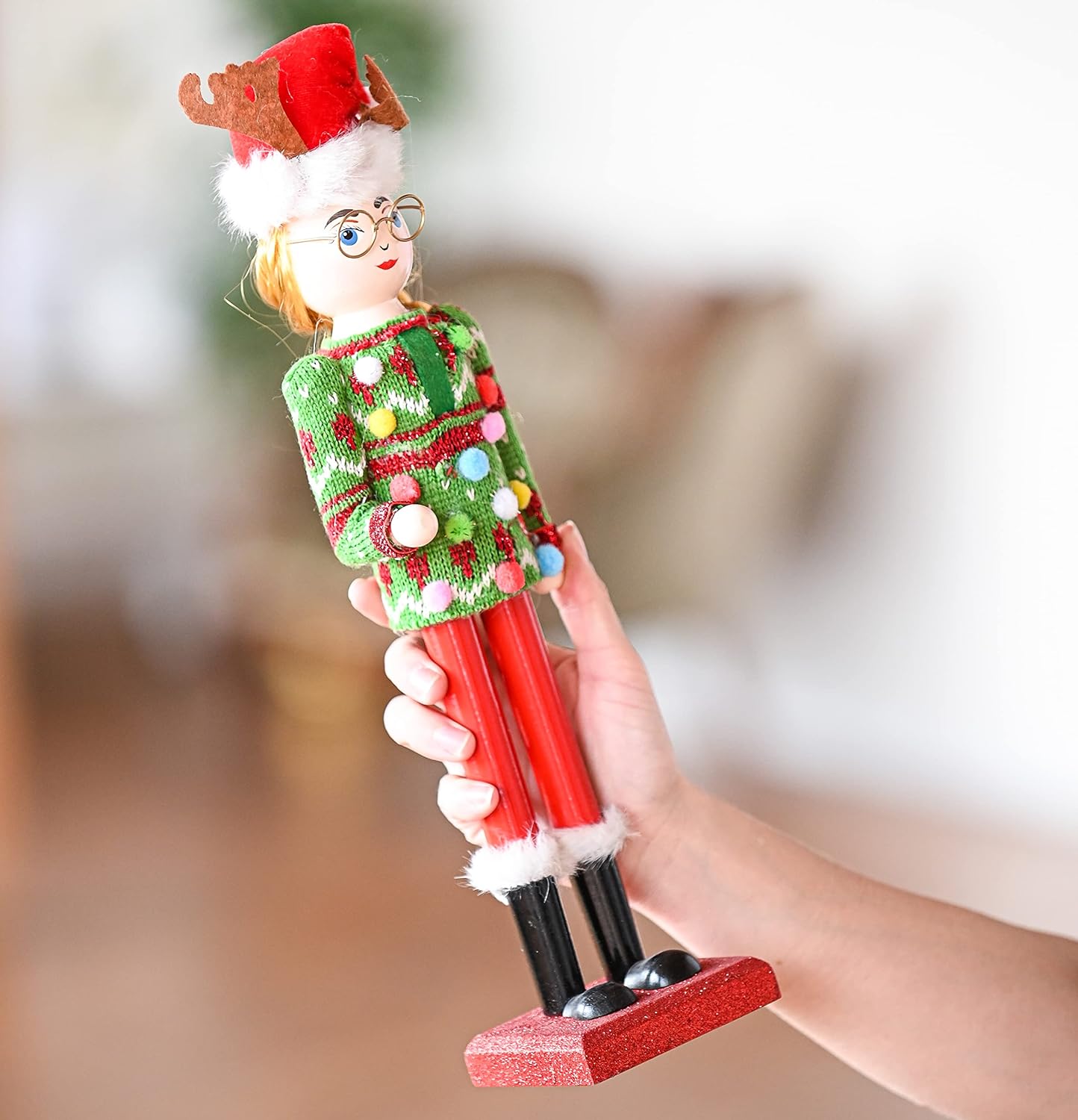 Ornativity Christmas Ugly Sweater Nutcracker – Red and Green Wooden Nutcracker Woman with an Ugly Sweater and Reindeer Hat Xmas Themed Holiday Nut Cracker Doll Figure Decorations 15"