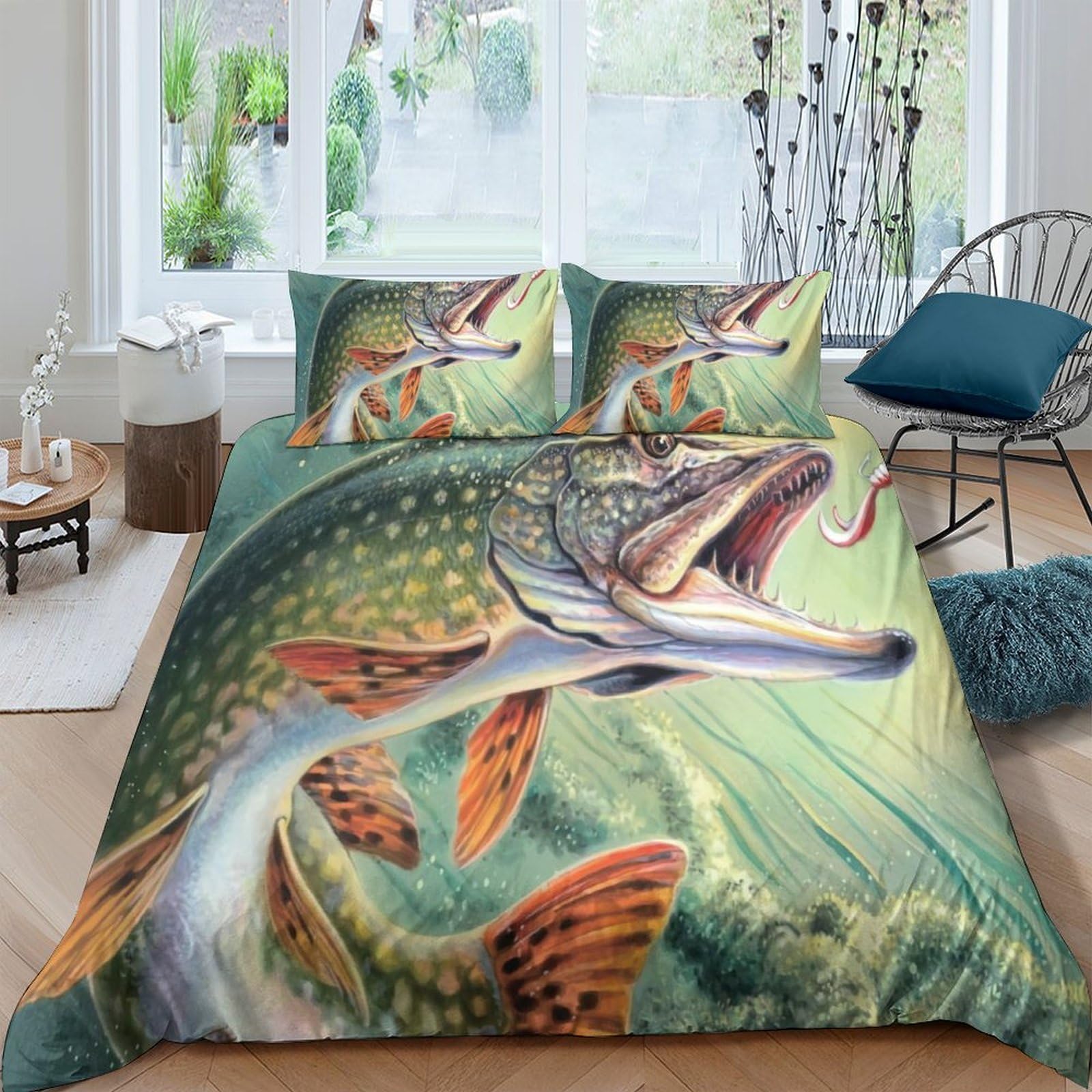 GPLZQXKJNH 3D Printed Lively Pike Fish Duvet Cover Microfiber Soft Breathable River Fishing Bedding Set with 2 Pillowcases for Bedroom Decor Single（135x200cm）