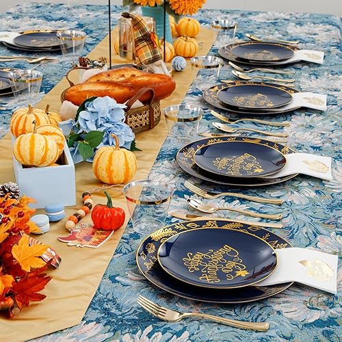 Miniatura 5 de Morejoy 175 platos de plástico de Acción de Gracias, los juegos de vajilla de Acción de Gracias azul dorado incluyen 25 platos de cena, 25 platos de