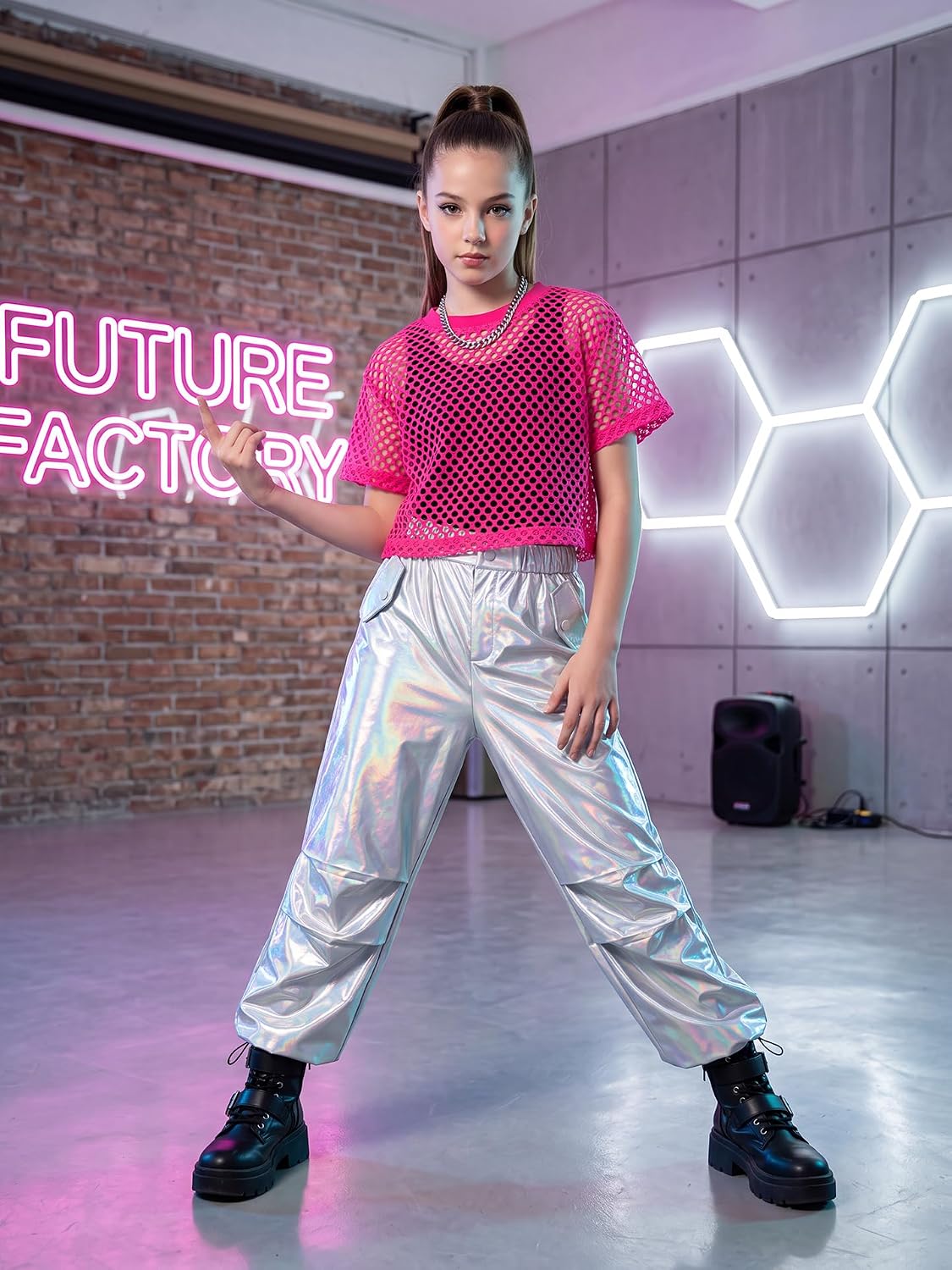 LOLANTA Girls Fishnet Crop Top with Tank Top 2 Piece 80s Outfit Neon Shirt
