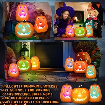 Rossesay 3 Pack Halloween Pumpkin Lantern LED Lighted up Pumpkins Decorations Jack O' Lanterns for Indoor or Outdoor Decors Halloween Party Supplies(Colored)