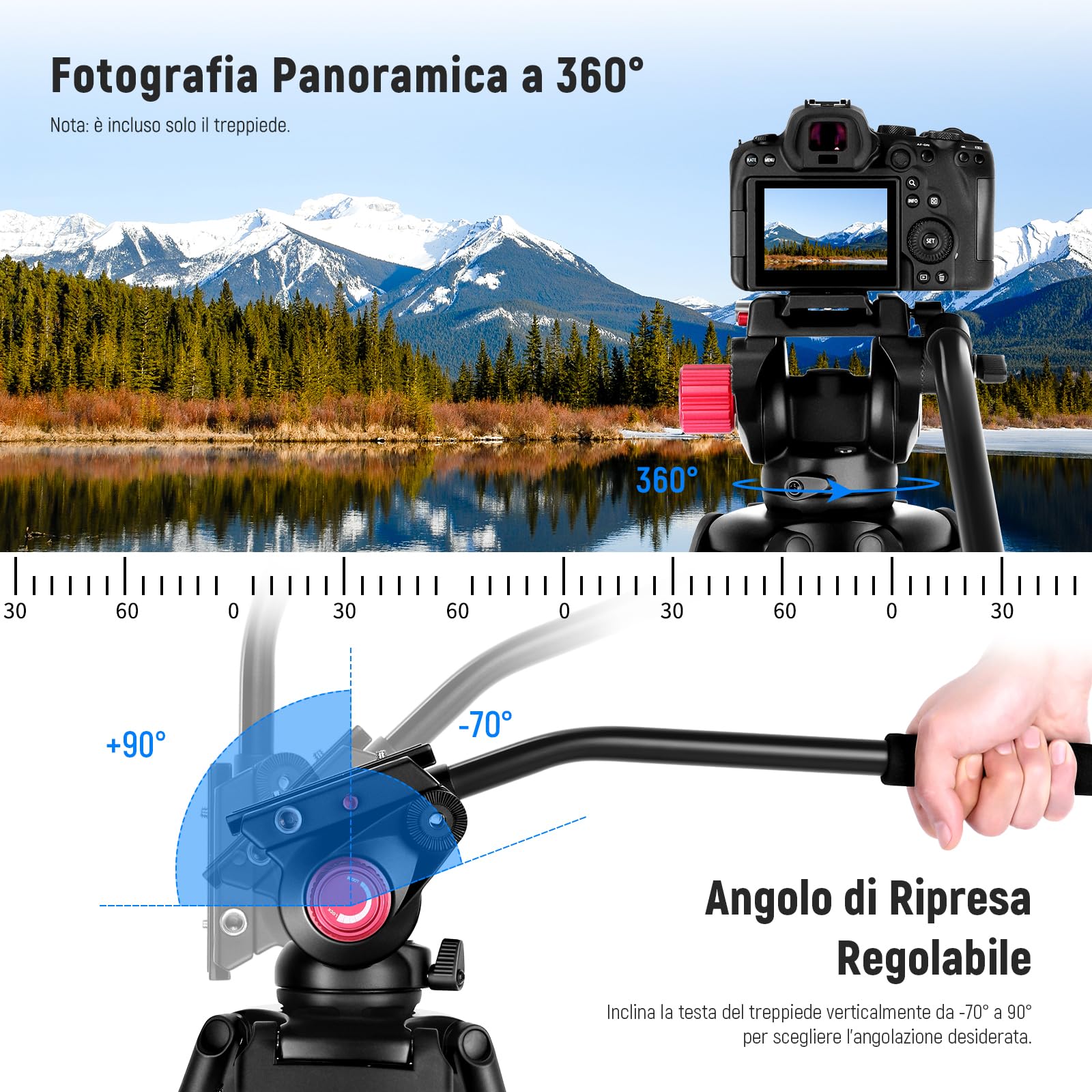 NEEWER Treppiede Fotocamera da 200cm con Testa Fluida 360°, Cavalletto Video Robusto in Lega Alluminio con Piastra QR Compatibile con Canon Nikon Sony e Altre DSLR Videocamere, Max 8kg, Panno Pulizia