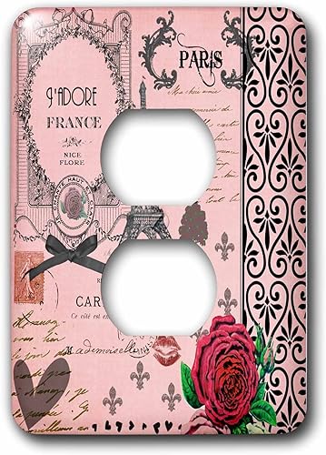 3dRose lsp_76593_6 pulgadas elegante vintage rosa collage de Paris Art-Eiffel Torre Roja Rosa Femenina Gótico Negro Arco y Remolinos 2 Enchufes