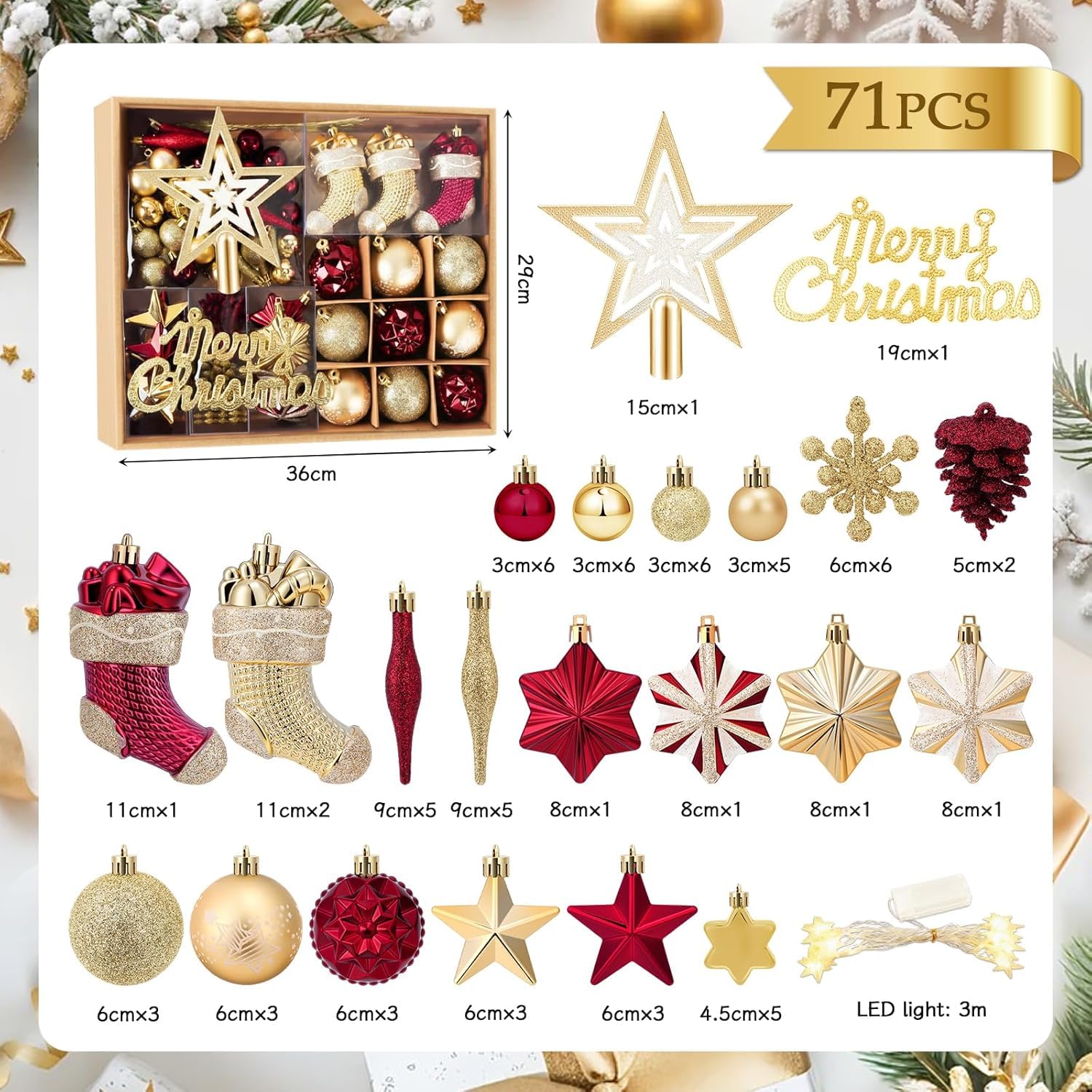 JONRRYIN Premium Weihnachtskugeln, 70er Set Christbaumkugeln Kunststoff - Mit LED-Licht, Baumspitze Stern, Kleine Weihnachtskugeln - Christbaumschmuck für Drinnen & Draußen (Rot-Gold)