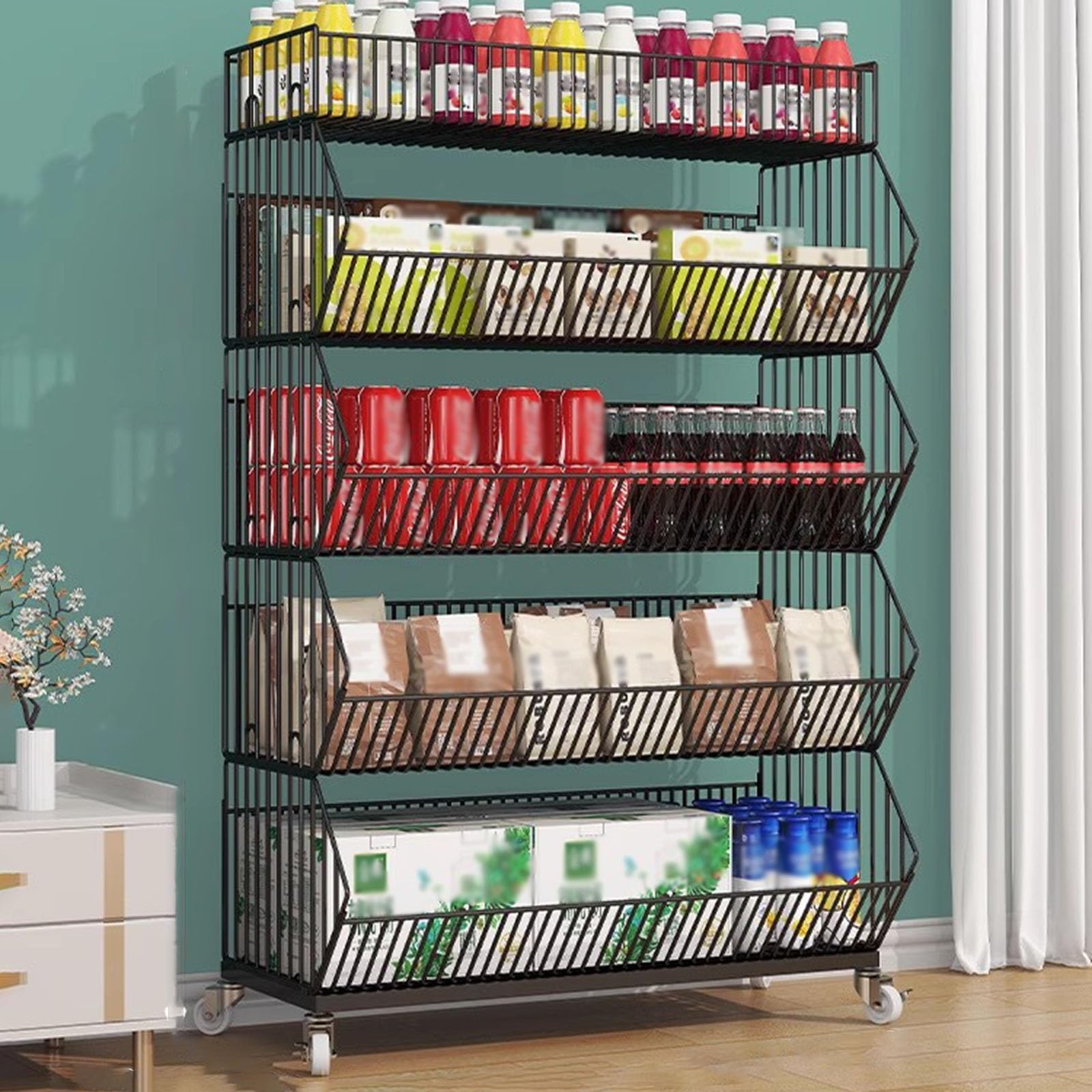 WDJBPSH Supermarket Shelf Display Rack 5-Tier, Onion Potato Vegetable Organizer/Fruit Snack Drinks Storage Cart, Large Capacity & Space Saving (Color : Black, Size : 90x45x140cm)