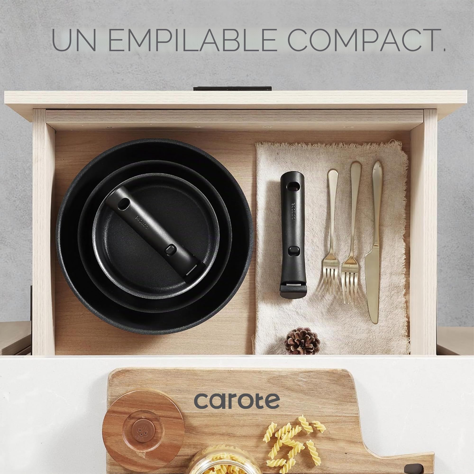 CAROTE Ensemble de 19 pièces de casseroles et poêles antiadhésives, ensemble de ustensiles de cuisine avec poignée détachable, ustensiles de cuisine antiadhésifs à induction avec poignée amovible