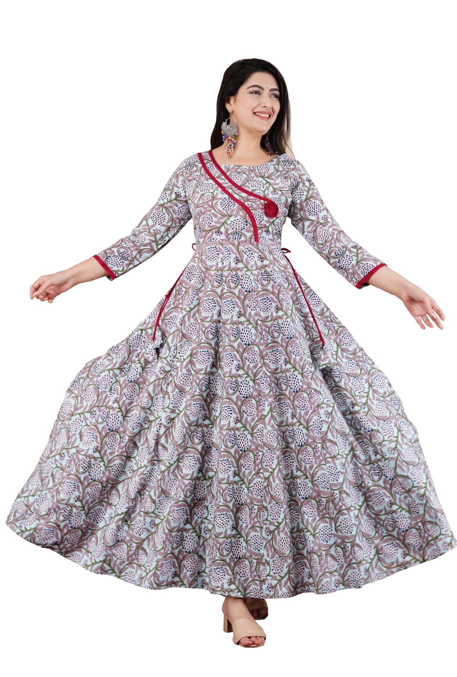 Women’s Elegant Floral Printed Anarkali Kurti with Contrast Border, 3/4th Sleeves & Stylish Neck Design