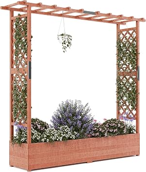 72" Raised Garden Bed with Trellis, Wooden Planter Box with Hanging Roof & Drainage Holes, Outdoor Freestanding Elevated Garden Bed Trellis Planter for Yard Climbing Plants, Vines, Flowers, Vegetables