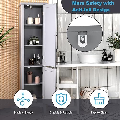 Miniatura 7 de Tangkula Tall Bathroom Storage Cabinet, 5-Tier Wooden Freestanding Tower Cabinet Floor Organizer, Narrow Storage Floor Cabinet w/2 Doors & Shelves
