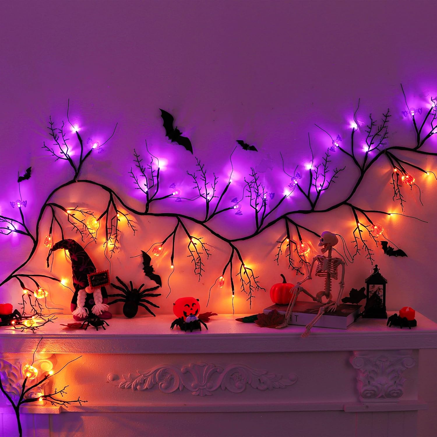 Timer & 8 Modes 9 FT 72 LED Willow Vine Twig Decor Garland with Orange & Purple Lights, Battery Operated Indoor Halloween Decor for Home Mantle Fireplace