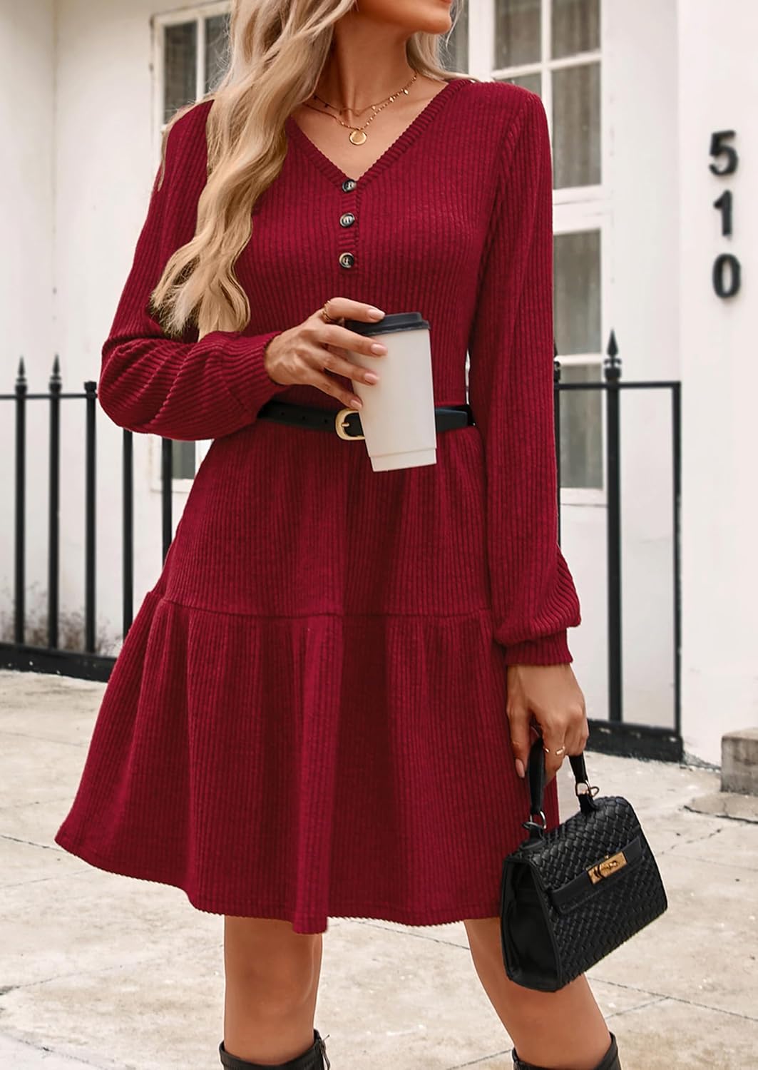Kate Kasin Women's Long Sleeve Sweater Dresses 2025, Button V Neck Knit Dress, Fall Swing A Line Babydoll Dress with Pockets - Image 8