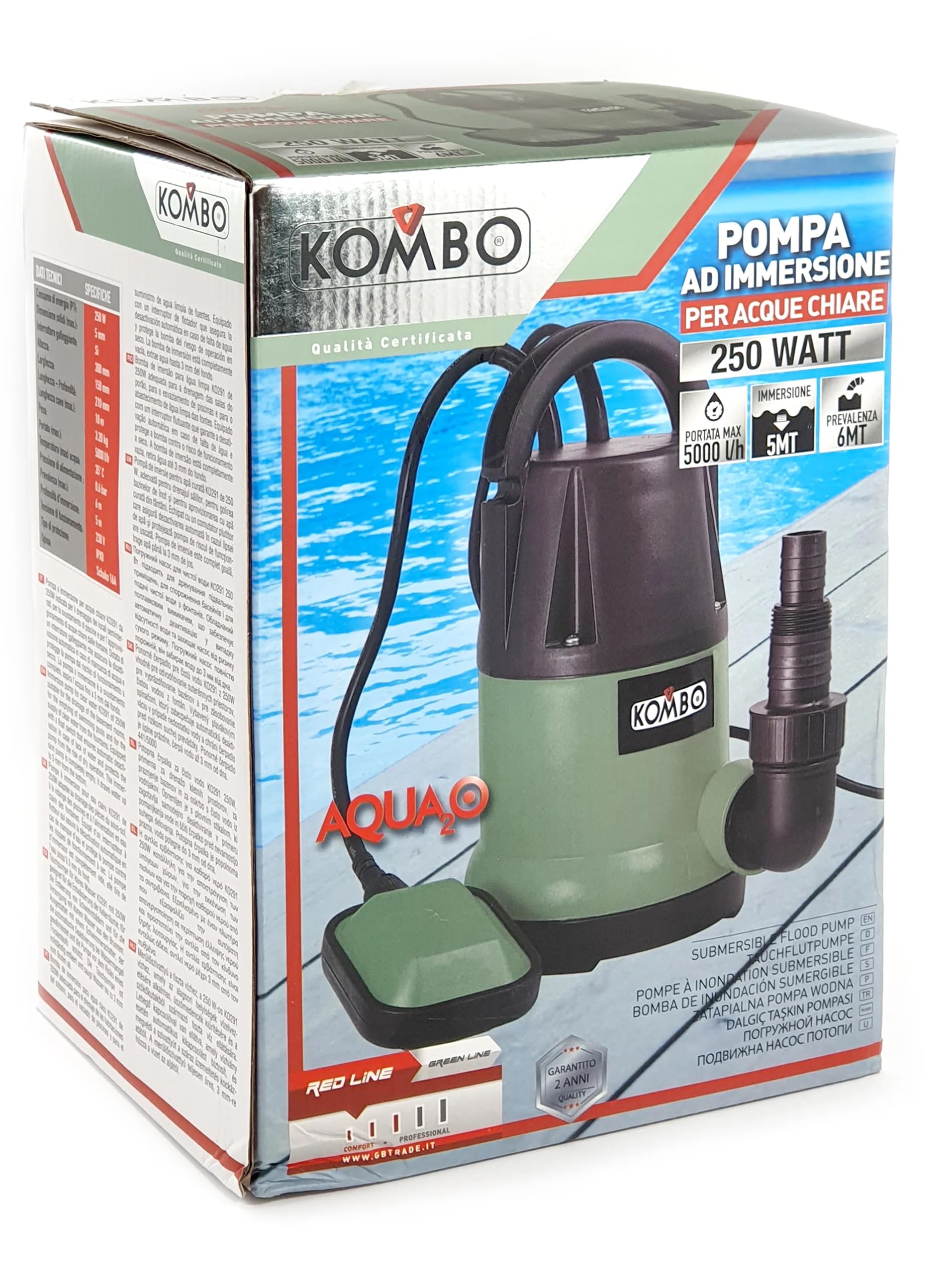 Pompa Sommersa per Acque Chiare 7500 l/h, Aspirazione Residua 3mm, Galleggiante Automatico, Prevalenza 6m, Cavo 10m con auricolari inclusi