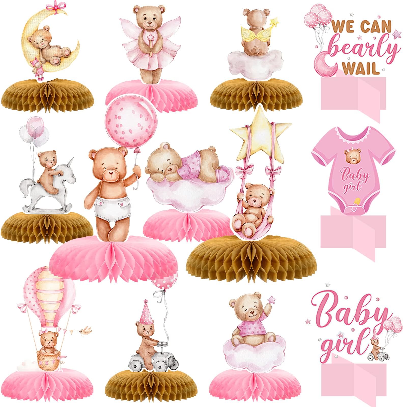 Demissle 12 Pcs Bear Baby Shower Party Honeycomb Centerpieces Table Decorations Pink Bear Balloon Centerpieces for Tables Bear Paper Cutouts for Baby Shower Kids Birthday Party Supplies