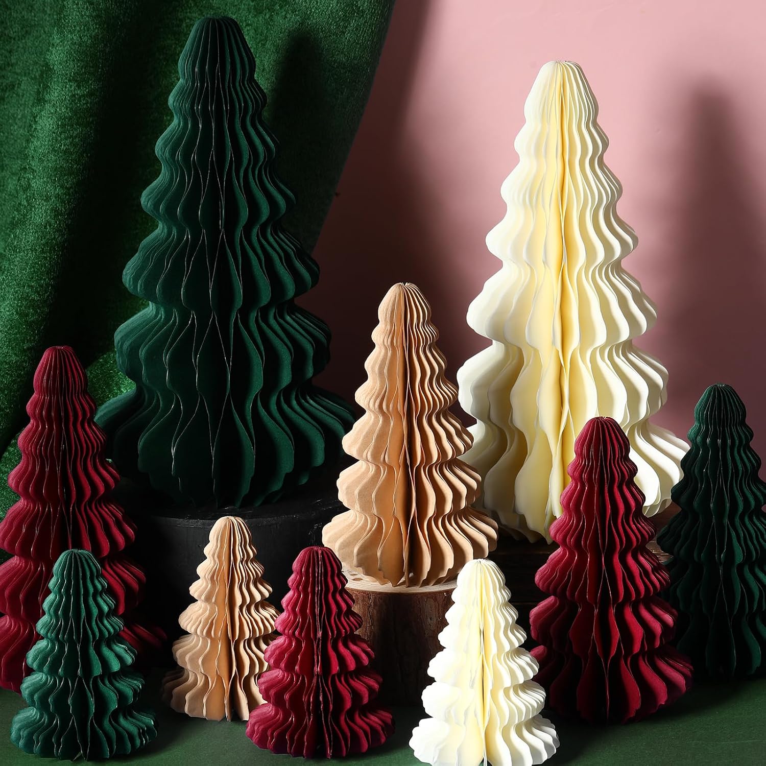 Fullhawl 10 Pcs Paper Christmas Trees Neutral Honeycomb Christmas Trees 4/6/ 7/10 Inch 3D Honeycomb Xmas Paper Cozy Table Ornament for Xmas(Green, Red, Brown, Beige)