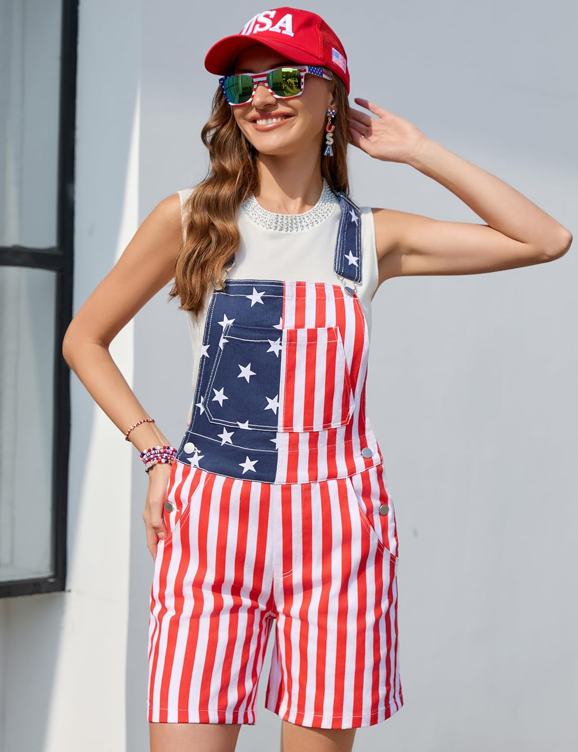 American Flag Overalls Women,USA Hat,Patriotic Sunglasses,Independence Day Bracelets,4 Pcs 4th of July Outfits