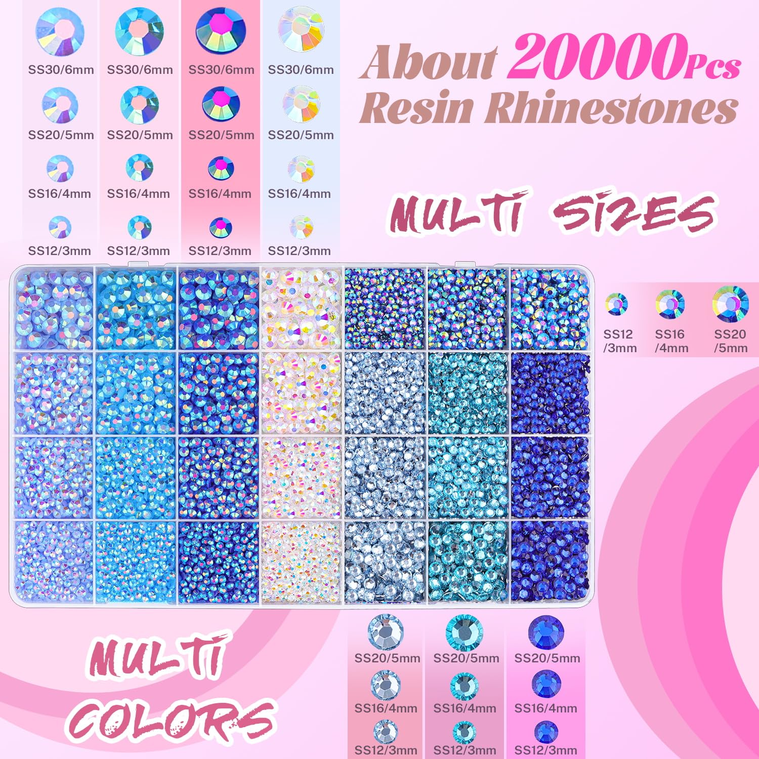 20000Pcs Blue Rhinestones for Bedazzling with B7000 Jewelry Glue, Resin Rhinestones for Crafting Crafts DIY, Bedazzler Kit Gems for Clothing Shoes Tumblers Fabric Nail Art Assorted Size 3/4/5/6mm — view 2