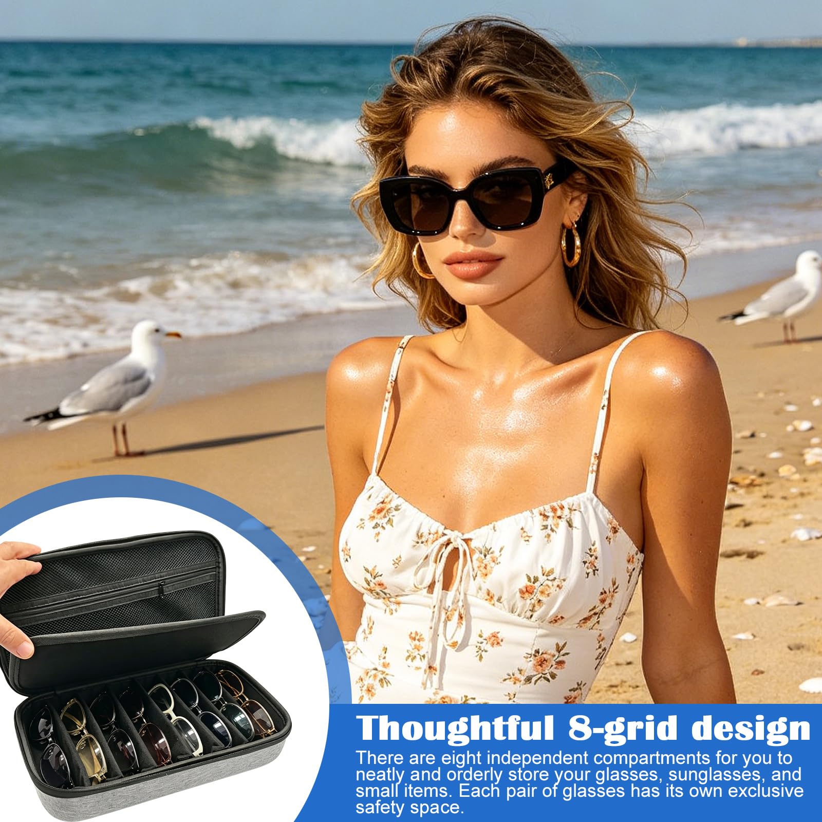 Brillenbox für Mehrere 8 Sonnenbrille Aufbewahrung: EVA Brillenbox für Mehrere mit Einstellbare Fächer, Sunglasses Organizer für Sonnenbrille Aufbewahrung, Uhren, Accessoires