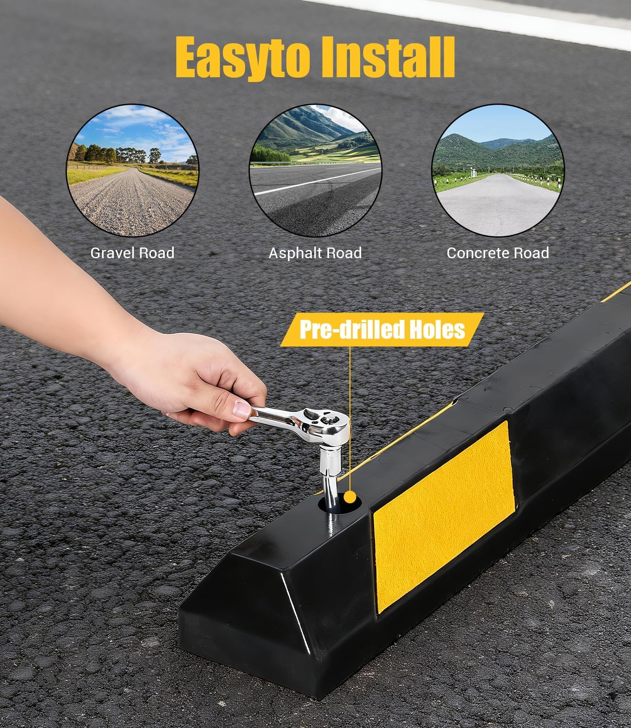 Garvee 2 Pack 72" Rubber Parking Curb, Heavy Duty Parking Stopper with Reflective Stripes, Durable Wheel Stoppers Parking Curb for Garage Driveway Warehouse Parking Lots