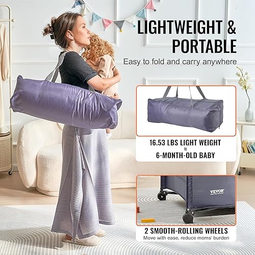 Miniatura 6 de VEVOR Cuna de viaje para bebés y patio de juegos, corralito plegable para bebés con almohadilla de colchón suave, cuna portátil para niños pequeños