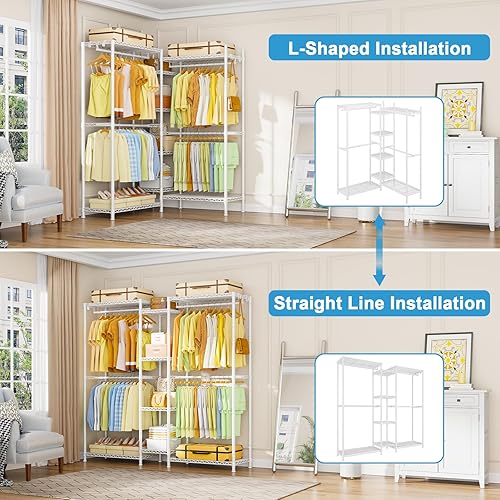 Miniatura 2 de Ulif E4 Clothes Rack, Heavy-Duty Garment Rack, Metal Freestanding Clothing Organization Storage System Can Be L-shaped with Shelves and Hangers, Max