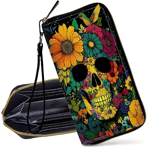 Decahouy RFID Blocking Wristlet Wallet for Women, Slim PU Leather Clutch Purse with Zipper, Small Credit Card Holder with Wrist Strap, Travel Zip Wallet for Ladies,Colorful Skull and Floral