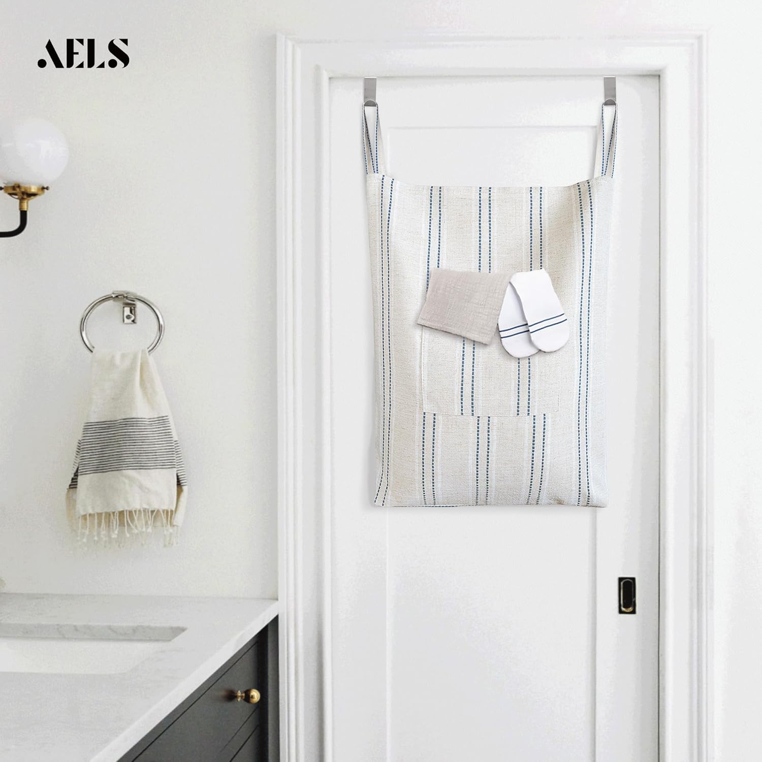 AELS Farmhouse Hanging Laundry Hamper with 2 Hooks, Boho Beige & Blue Stripes Laundry Bag with Zipper & Wide Open Top, Over the Door Organizer for Dirty Clothes, Washable Space Saving Storage