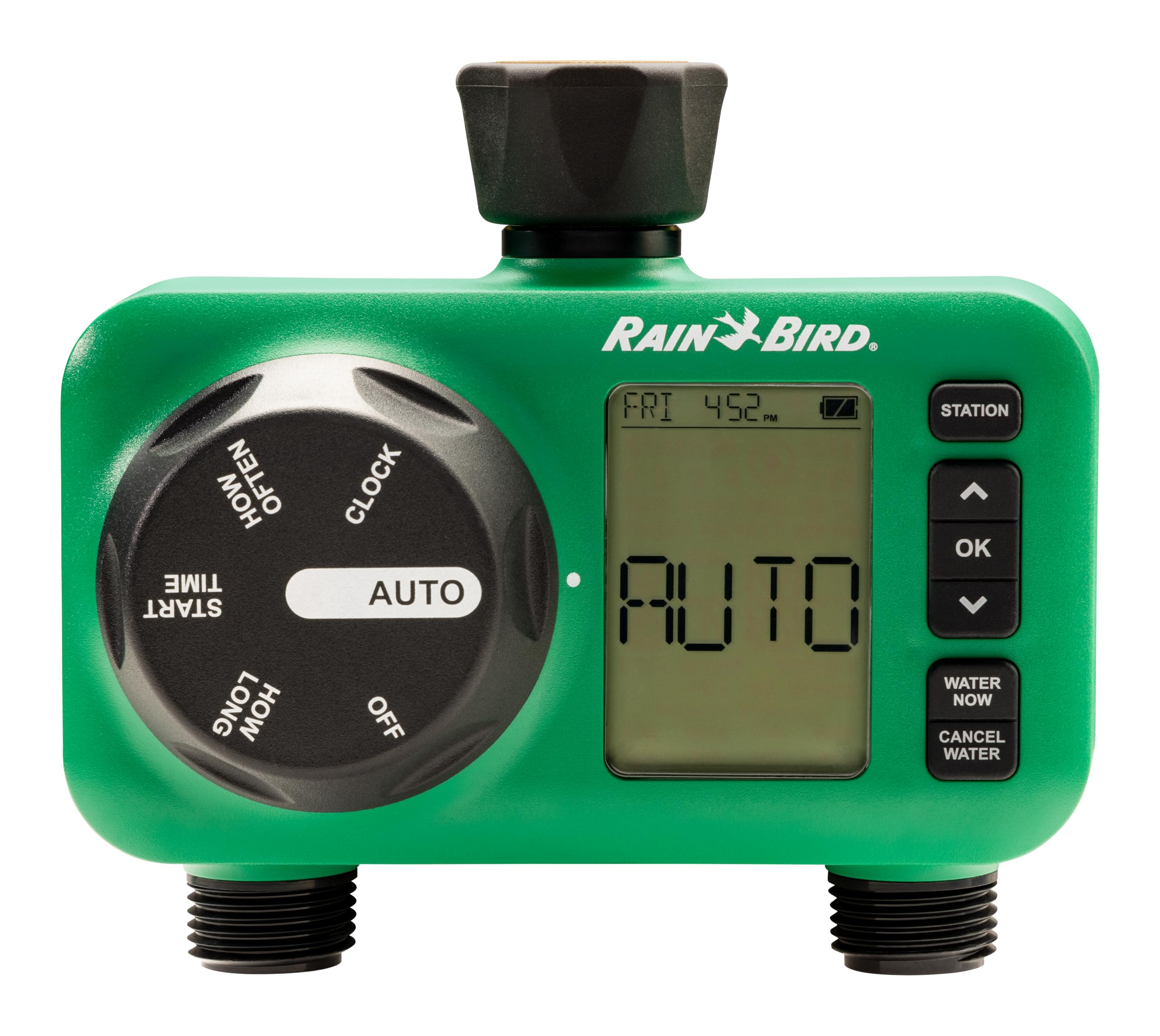Rain Bird HET200 Electronic Digital Hose End Watering/Irrigation Timer, Battery Operated, 3/4" Garden Hose Thread, Heavy-Duty Brass Inlet, 2 Outlets/Ports