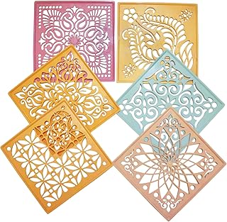 PRANSUNITA लेजर कट रंगोली प्लास्टिक स्टैंसिल टूल्स, साइज़ 8 x 8-इंच स्क्वायर, दिवाली के लिए हैवी ड्यूटी दोबारा इस्तेमाल होने योग्य पारंपरिक स्टेंसिल, पोंगल, शादियों की सजावट, 6 अलग-अलग डिज़ाइन का पैक
