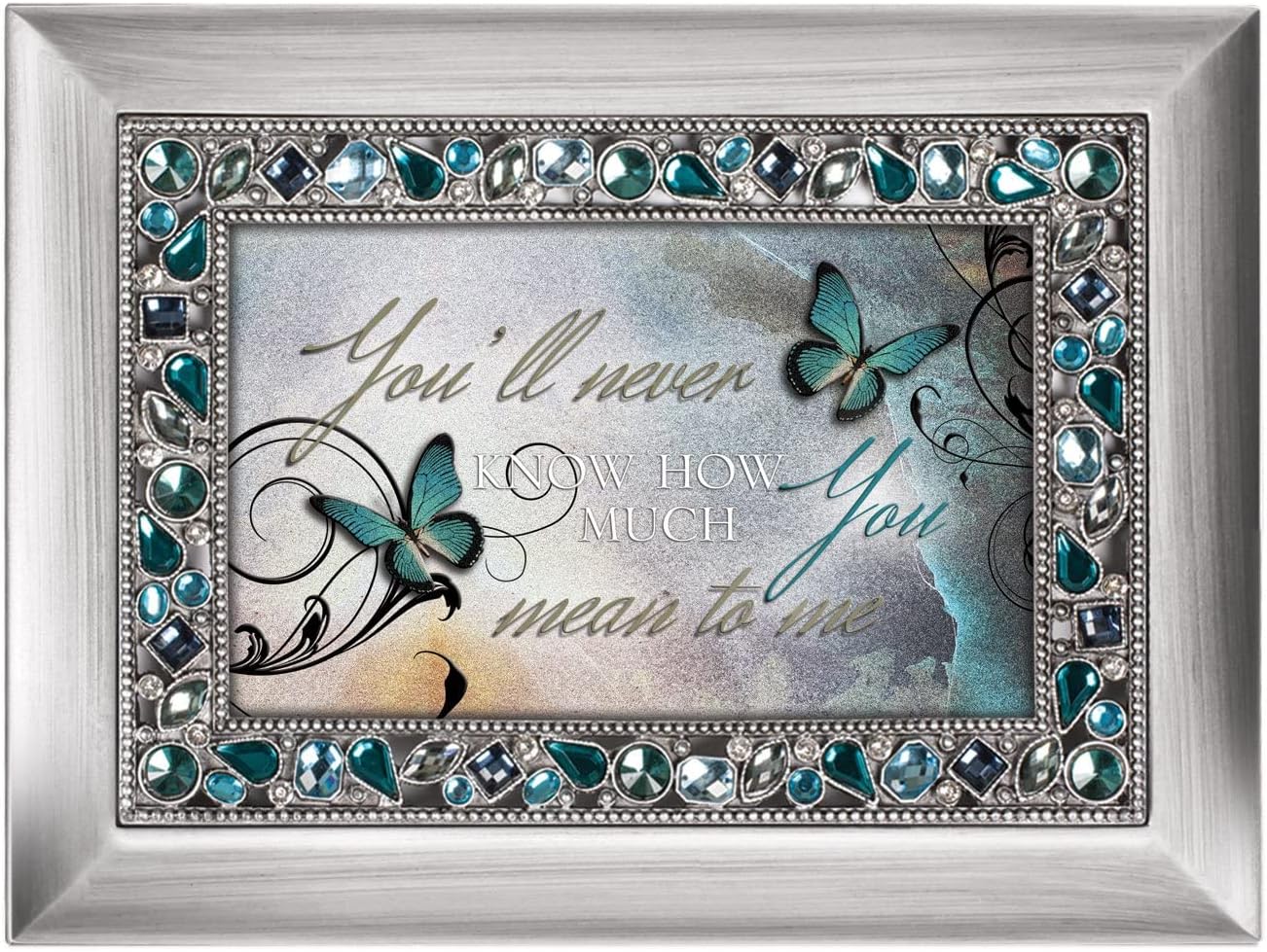 Cottage Garden Never Know How Much You Mean to Me Brushed Silvertone Jeweled Music Box Plays Wonderful World