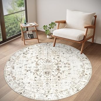 Homcomodar Rug Round Beige 120 cm Living Room Short Pile Rugs Bedroom Washable Vintage Living Room Rug for Bedroom Living Room