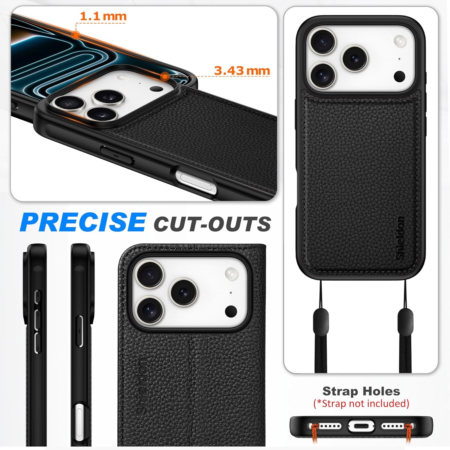 SHIELDON 2-in-1 Case Wallet for iPhone 17 Pro 6.3 Inch 2025 | Genuine Leather | Wireless Charging | Kickstand | RFID Blocking Card Holder | Magnetic | Removable Phone Cover - Pebbled Black