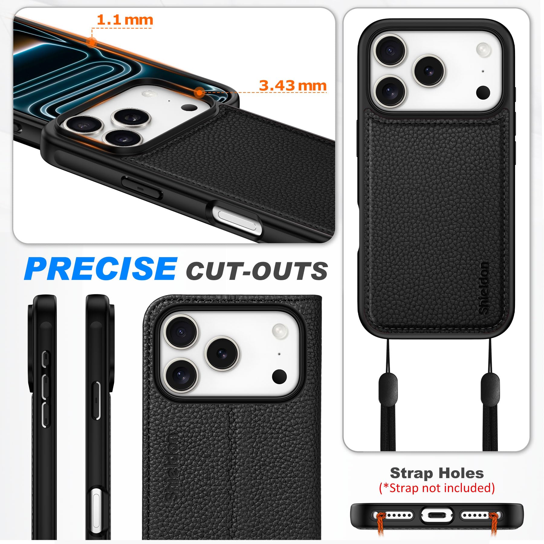 SHIELDON Funda Cuero Genuino para iPhone 17 Pro 6,3 Pulgadas 5G 2025, Funda 2 en 1 Estuche Magnético con Tarjetero [Bloqueo RFID][Función Stand] Capa, Litchi Grano Negro