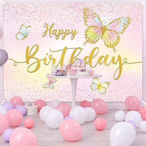 Miniatura 6 de Dandat Telón de fondo de cumpleaños de mariposa de 7 x 5 pies, tema rosa, mariposa dorada, decoración de fiesta, pancarta de poliéster, fondo de