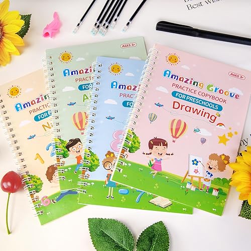 Miniatura 6 de Larcenciel 4 cuadernos de práctica mágica, libros de escritura ranurados para niños con bolígrafo, libro de caligrafía reutilizable para