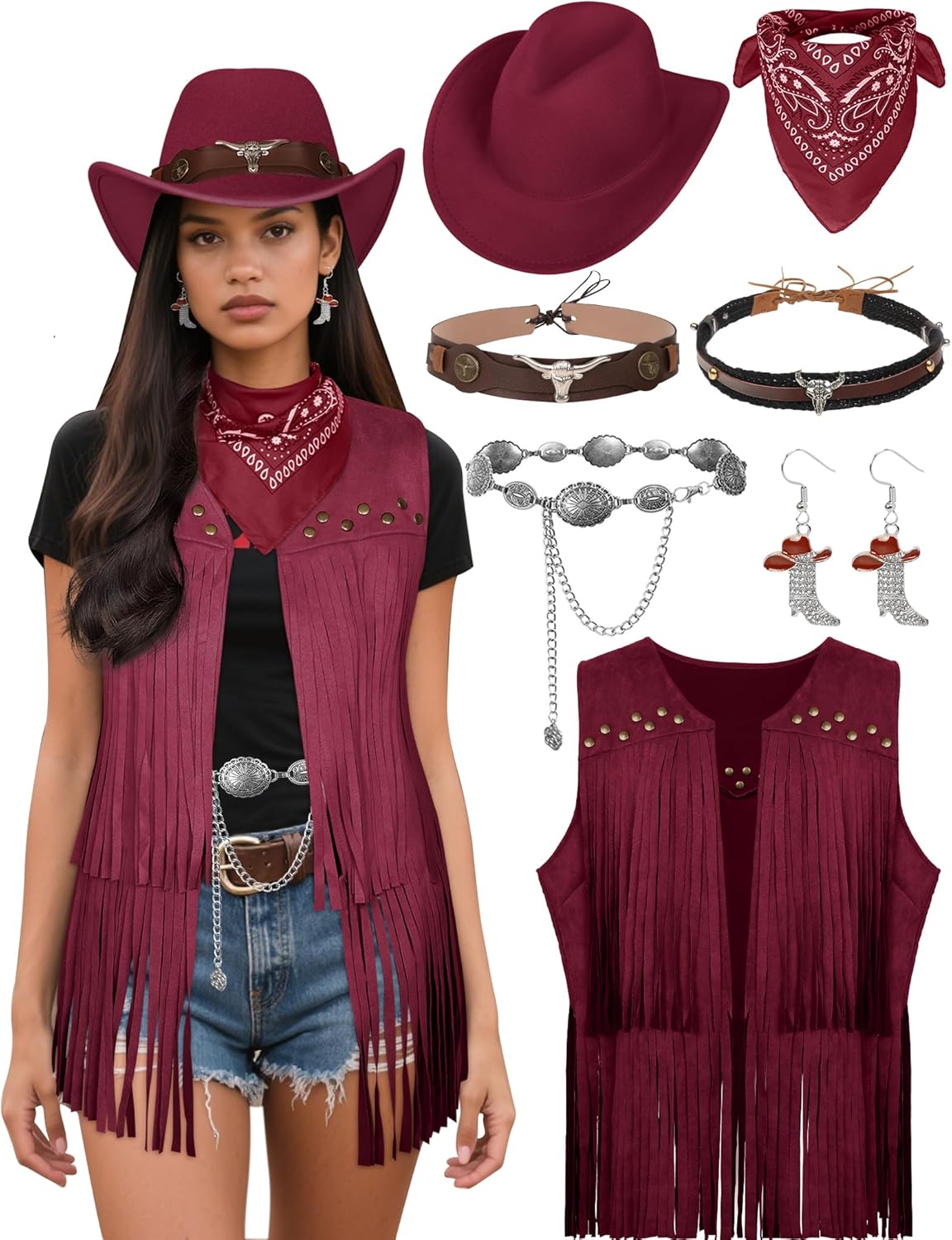 INFLATJOY Cowgirl Costume for Women Retro Fringe Vest Cowboy Outfits Hat Earrings Waist Chain Western Costume
