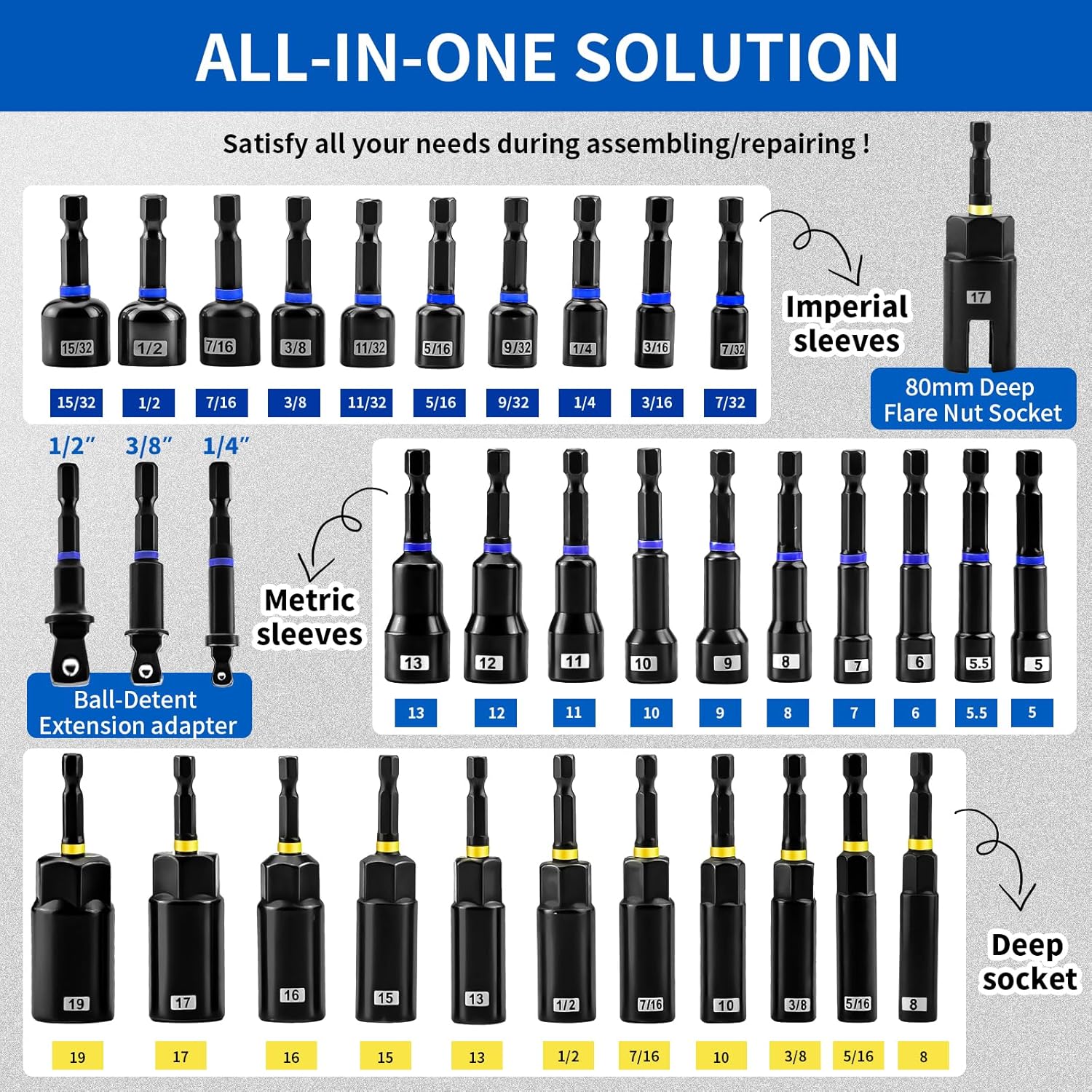Gerywolf 86 Pcs Magnetic Nut Driver Set, Impact Socket Set, Includes Electric Bit, Wing Nut Driver, Universal Socket, 2-in-1 Ratchet, Quick-Release Clamp Extender, Right Angle Driver Adapter