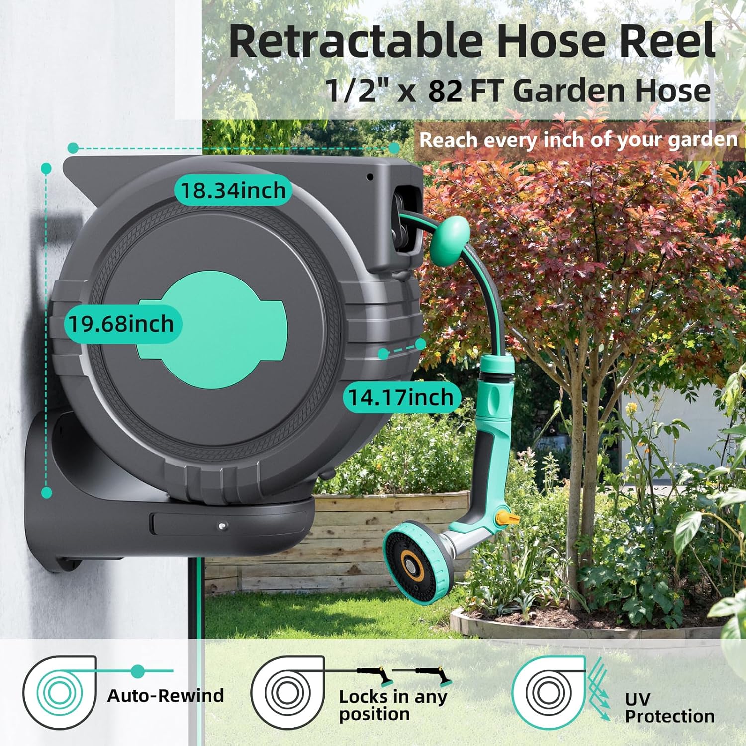 Automatic Retractable Garden Hose Reel 1/2" x 82 ft 180° Wall Mounted Hose Reel & 360° Swivel Ground Mounted on Metal Spike, Any Length Lock Hose Reel with 4 Modes Nozzle, Slow Return, UV Resistant