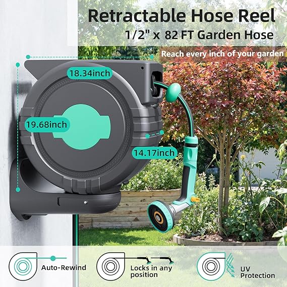 Automatic Retractable Garden Hose Reel 1/2 x 82 ft 180 Wall Mounted Hose Reel & 360 Swivel Ground Mounted on Metal Spike, Any Length Lock Hose Reel with 4 Modes Nozzle, Slow Return, UV Resistant