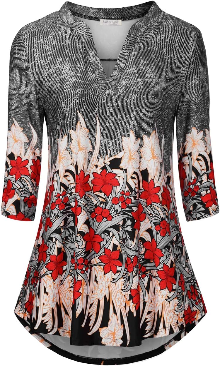 BAISHENGGT 3/4 Sleeve Tops for Women Notch V Neck Floral Work Blouses Dressy Casual Loose Fit Going Out Tunic Tops