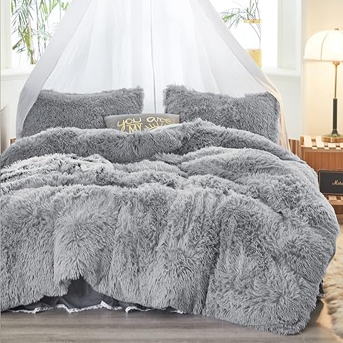 Miniatura 2 de Juego de edredón lanudo de 3 piezas, color gris, tamaño King, juego de edredón de piel sintética de invierno con 2 fundas de almohada, ultra suave y