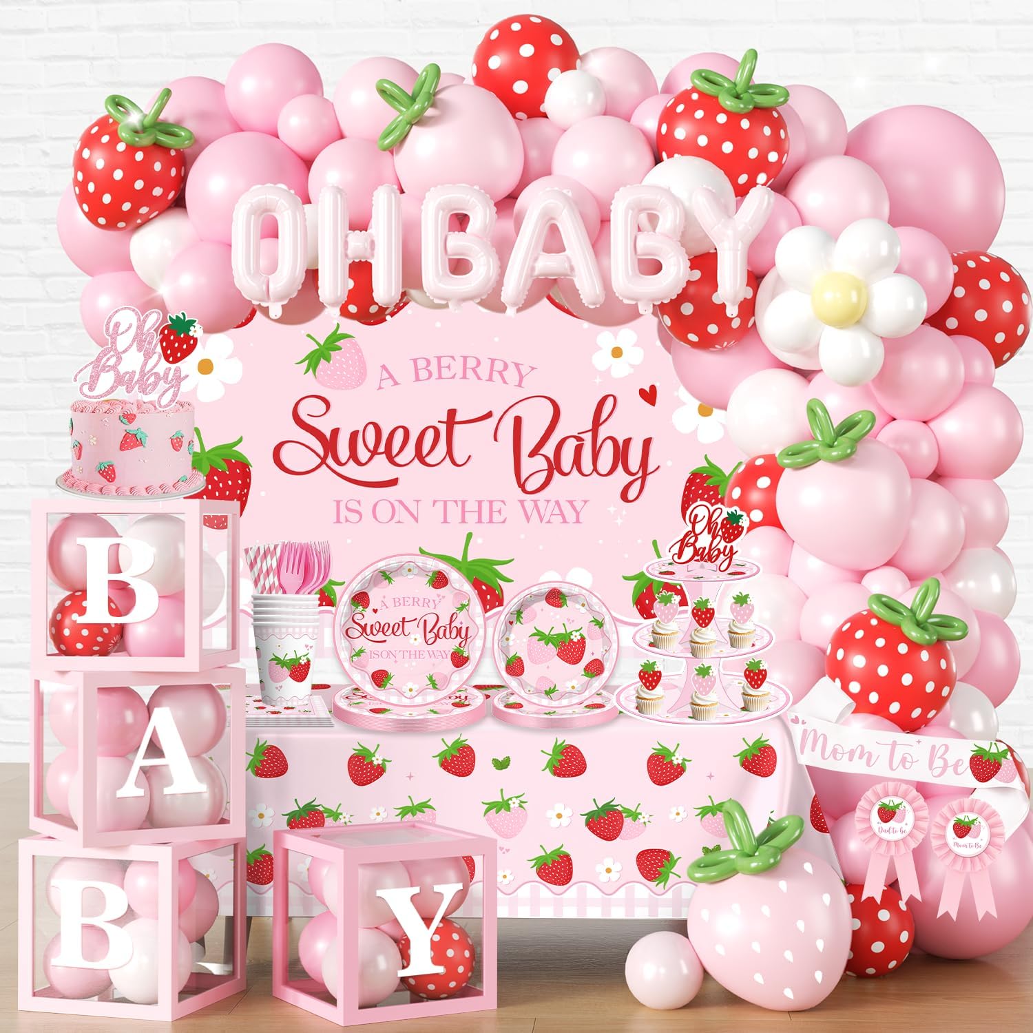 297pcs Berry Sweet Baby Shower Decorations for Girl, Serve 25, Strawberry Baby Shower Decorations All-in-one Set with Backdrop Tableware Tablecloth Balloon Box Cupcake Stand Sash Corsage, Etc.