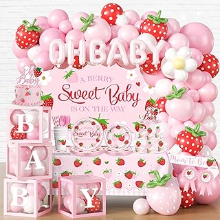 297pcs Berry Sweet Baby Shower Decorations for Girl, Serve 25, Strawberry Baby Shower Decorations All-in-one Set with Backdrop Tableware Tablecloth Balloon Box Cupcake Stand Sash Corsage, Etc.