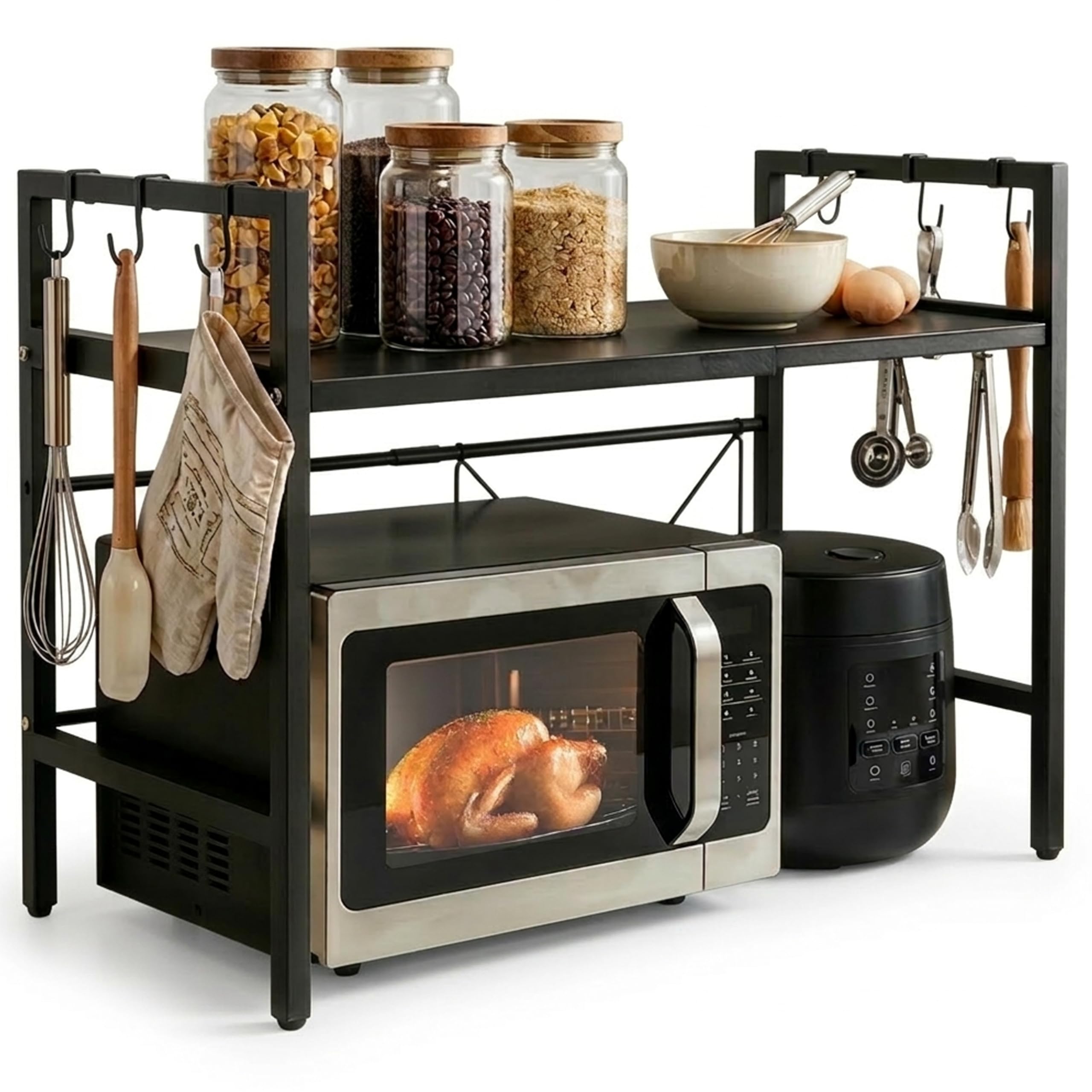 About Space Kitchen Storage Rack-Expandable & Height Adjustable Microwave Stand Hooks-Oven Stand For Kitchen Platform-Otg Stand-Countertop Oven Rack Black-65X36.5X46 Cm-It Is Made Up Of Rust-Free Iron-picture-10