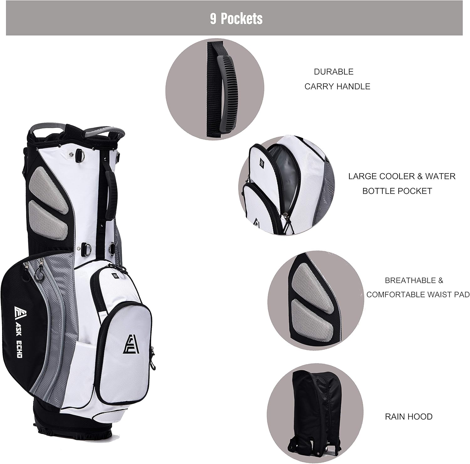 ASK ECHO Lightweight Golf Stand Bag with 14 Way Full Length Dividers Including Oversize Putter Tube, 9 Pockets, with Rain Cover, White : Sports & Outdoors