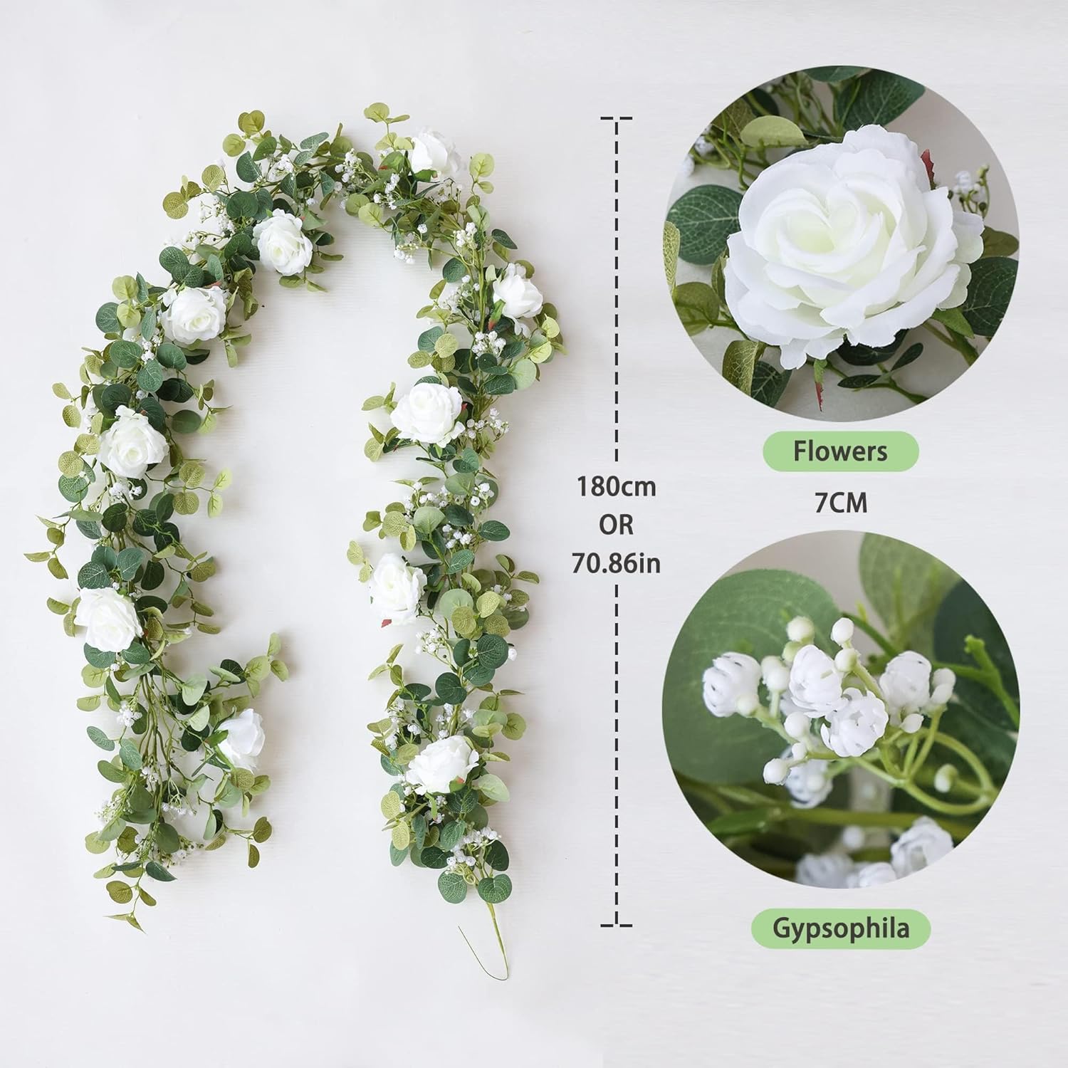 Anna's Whimsy 2PCS 5.91FT Artificial Eucalyptus Garland with Flowers, Fake Rose Gypsophila Garland, Faux Floral Greenery Garlands for Wedding Spring Home Party Table Runner Decor（White） - Image 3