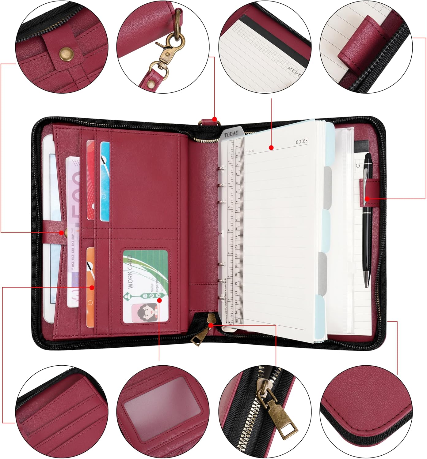 WASON Portfolio A5 Binder Journal with Zipper - Leather pu Writing Notebook Padfolio with Detachable Refillable Notebook, Legal Pad for Business Study and Travel Organizer (Red)